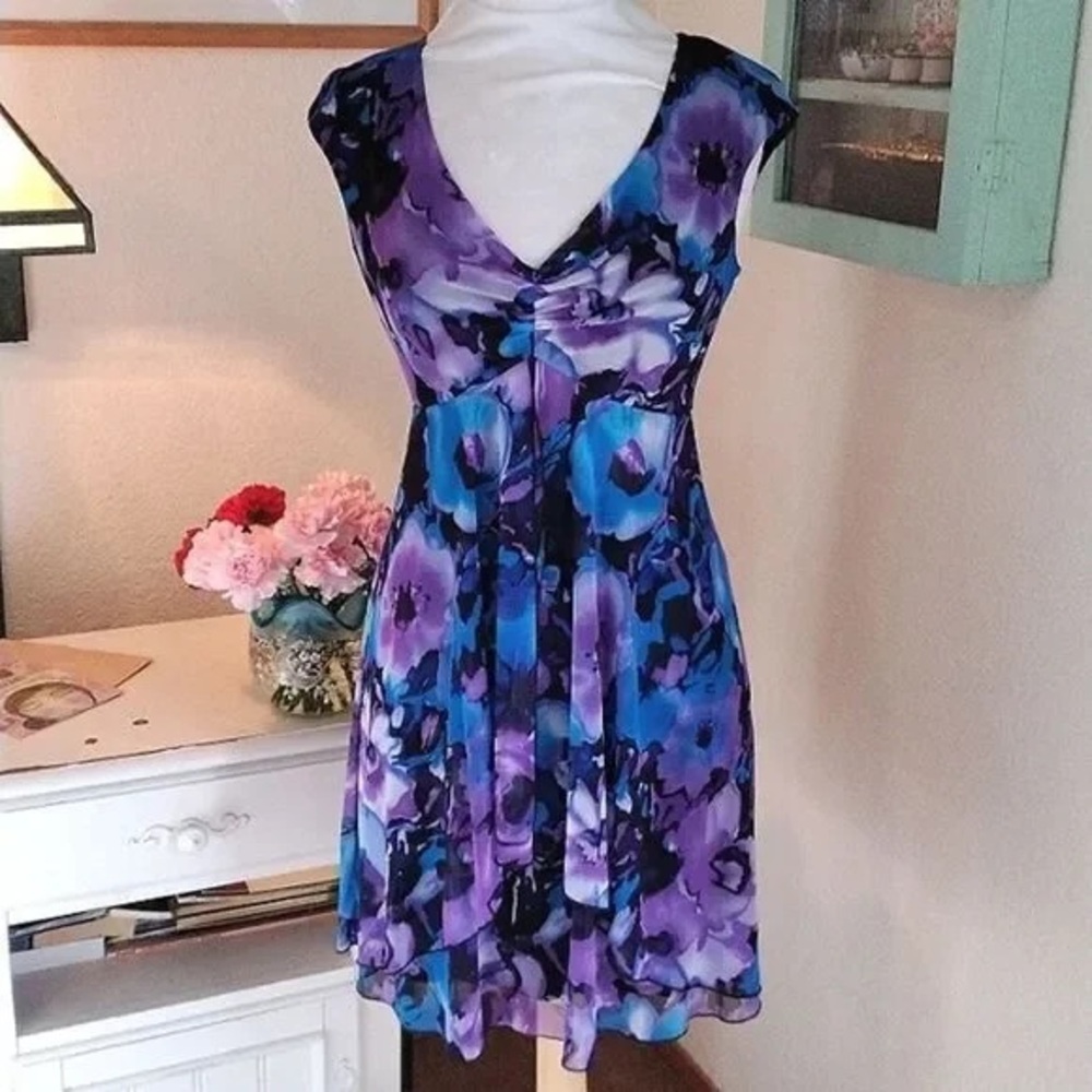 Dressbarn Blue and Purple Flutter Sleeve Sundress